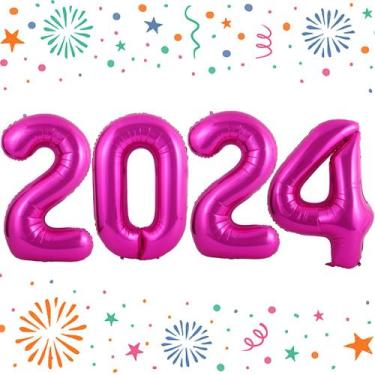 Imagem de Balões Numéricos KALOR 2024 Hot Pink 1m com fita e canudo