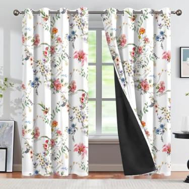 Imagem de CSFOTO Cortinas blackout de flores em aquarela de primavera, 2 painéis, folhas de plantas coloridas, padrão floral, quarto, sala de estar, cortinas com isolamento térmico, bloqueio de luz, 133 x 213