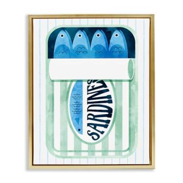 Imagem de Stupell Industries Arte de parede Seafoam Sardine Tin over Stripes Gold Framed Floater Canvas Wall Art, design por Daphne Polselli, 89 x 63 cm
