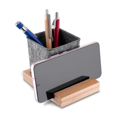 Imagem de Organizador de Mesa em Bambu e Feltro, Suporte para Celular e Porta Lápis, Base de Madeira, Cinza