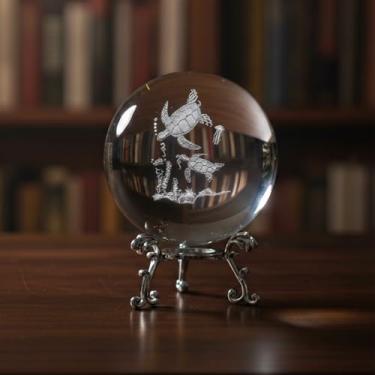 Imagem de Decoração de bola de cristal 3D com suporte - Ornamento de mesa de cristal de vidro 3D gravado a laser com vários padrões para escritório em casa, quarto