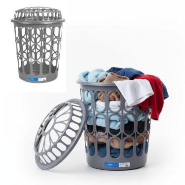 Imagem de Cesto Roupas Suja 30 Litros Organizador Telado Redondo Multiuso Tampa Lavanderia Banheiro Quarto Rouperio Reforcado Lixe