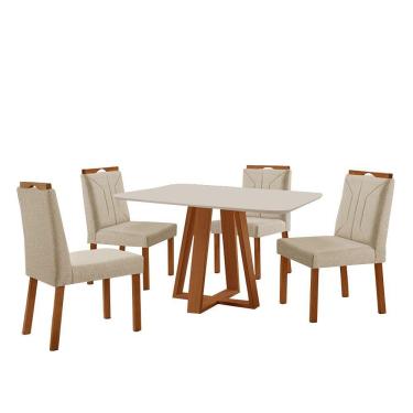 Imagem de Conjunto Sala De Jantar Mesa Floripa 120x90cm Off White Com 4 Cadeiras Luna Linho Bege