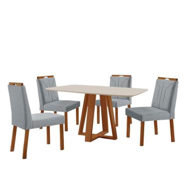 Imagem de Conjunto Sala De Jantar Mesa Floripa 140x80cm Off White Com 4 Cadeiras Luna Linho Cinza