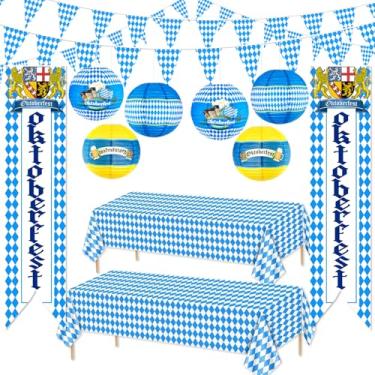 Imagem de Zenoble Kit de decorações Oktoberfest 11 peças decorações Oktoberfest suprimentos de festa lanternas de papel toalhas de mesa bandeira bávara bandeira para cervejas alemãs casa quintal festival