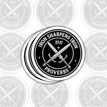 Imagem de 3 pçs ferro afia provérbios de ferro 27:17 adesivos versículo bíblico fé cristã escritura citação preto redondo decalque adesivos cortados à prova d'água para laptop, garrafa de água, capacete (normal