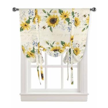 Imagem de Cortinas de amarrar para janelas vintage flores country borboletas sombra ajustável bolso haste balão saia para cozinha sala de estar, girassol fazenda em tratamento de janela bege, 1 painel, 86 cm x