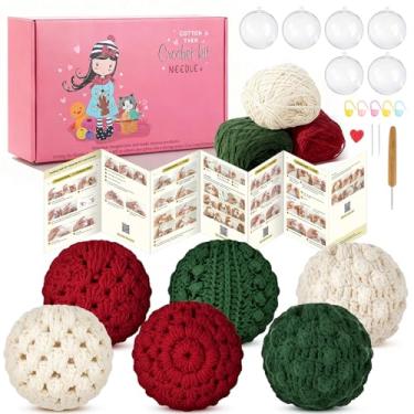 Imagem de Syhood Kit de crochê para iniciantes de Natal com 6 peças, enfeites de bola preenchíveis transparentes de 7 cm, vermelho, verde, branco, ferramentas de gancho de madeira e acessórios para decoração de