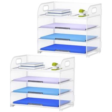 Imagem de Marbrasse Pacote com 2 bandejas organizadoras de papel de 4 camadas – organizador de arquivos de mesa de malha com alça, organizador de papel para suporte de pasta de arquivo de carta/A4 (branco, 32 x