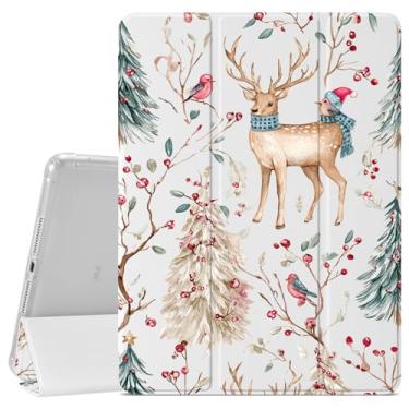 Imagem de VibrantFruitique Linda capa de Natal para iPad Pro de 11 polegadas (M4) 2024 5ª geração Forest Elk Bird Case, porta-lápis, traseira de TPU macio transparente e capa com suporte de três dobras para