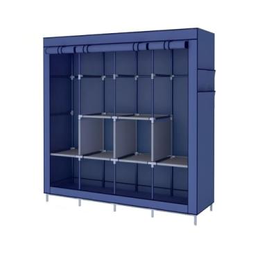 Imagem de Guarda Roupa Dobrável Armário Organizador Multiuso Roupeiro Cabideiro Sapateira- Roupeiro com Capa Protetora para Quarto e Viagem(AZUL,CASAL DUPLO)