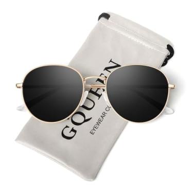 Imagem de GQUEEN Óculos de sol retrô redondos polarizados femininos masculinos com dobradiça de mola armação de metal moderno hippie oval, óculos de sol UV400, 1 armação dourada/lente preta, M