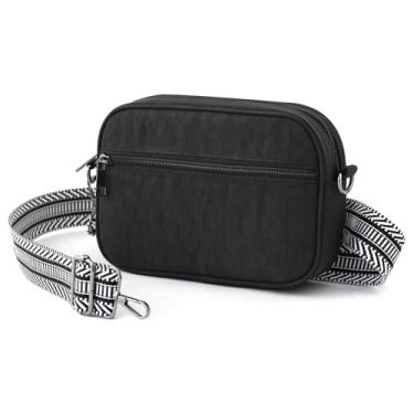 Imagem de BBORGDC Bolsa tiracolo pequena para mulheres, bolsa de ombro preta de nylon RFID, bolsa resistente à água com alça larga, design original boho, perfeita para viagens e presentes diários