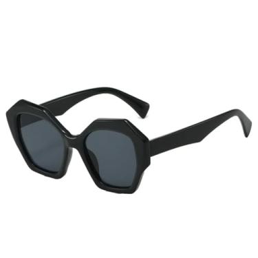 Imagem de HPIRME Óculos de sol vintage polígono feminino, armação hexagonal com padrão Uv400 (preto)