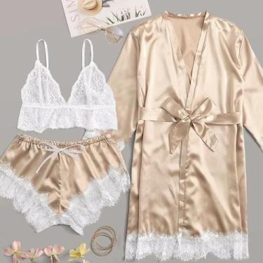 Imagem de Kit Lingerie Sensual Cetim, Robe Kimono Dourado, 4 Peças, 23x28x1 cm -