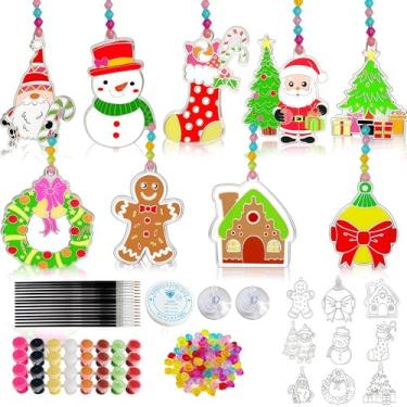 Imagem de Jengaer 27 conjuntos de kits de artesanato de apanhadores de sol de Natal, kits de artesanato de pintura de janela faça você mesmo, papai noel, boneco de neve, meias de Natal, apanhadores de sol para