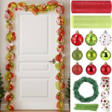 Imagem de AceOrbit 28 peças DIY decoração de Natal malha guirlanda decoração de malha metálica fita vermelha bolas de Natal fita agulhas de pinheiro guirlandas hastes de chenille para guirlanda de Natal porta