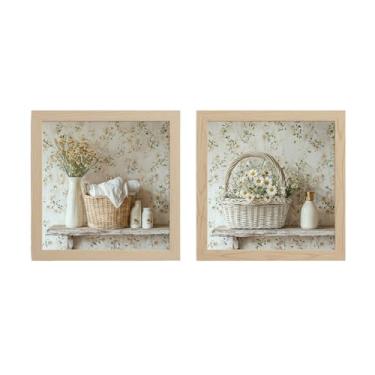 Imagem de Kit 2 quadros 18x18 cm, banheiro, lavabo, flores, vasos, margarida, moldura e vidro- Decoração para Banheiro, Lavabo e Cozinha(Carvalho)