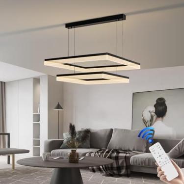 Imagem de Lustre moderno de alumínio com LED, grande, para sala de estar, luminária pendente dimerizável de 120W, formato geométrico preto, elegante, adequado para sala de estar, quarto e sala de jant