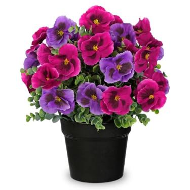 Imagem de Briful Flores artificiais de amor-perfeito em vaso preto, flores falsas realistas para decoração de primavera em ambientes internos e externos, peça central de mesa, varanda e pátio para decoração de