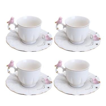 Imagem de Jogo 4 Xícara de Café Porcelana Rosa e Branca Birds Pássaro com Pires 