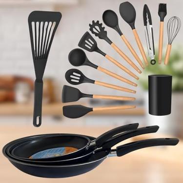 Imagem de Conjunto com 3 Frigideiras Anti Aderente Modelo Francesa Lady com 5 Camadas de Anti Aderência + espátula de Resina + conjunto com 15 utensílios, espátulas de silicone.