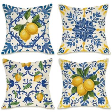 Imagem de Fahrendom Capas de almofada decorativas com padrão de azulejo azul limão Itália 45,7 x 45,7 cm, conjunto de 4, fronha italiana Capri Citrus Varanda da Costa Amalfitana, capa de almofada de sofá