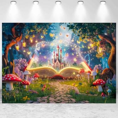 Imagem de 3 x 2,4 m Primavera Encantada Floresta Conto de Fadas Livros Castelo Rosa País das Maravilhas Borboleta Glitter Fotografia Fundo para Princesas Meninas Festa de Aniversário Decoração Estúdio
