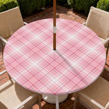 Imagem de Yesad Toalha de mesa redonda para uso ao ar livre com orifício para guarda-chuva, toalha de mesa com zíper e borda elástica, capa de toalha de mesa à prova d'água para piqueniques, serve para mesa