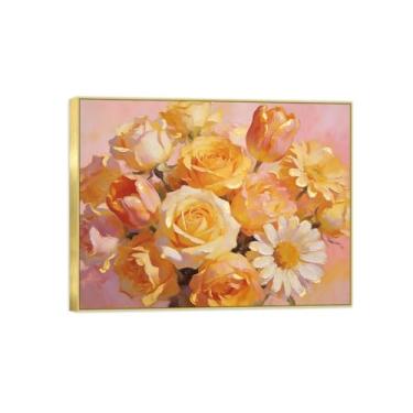 Imagem de BMZFYBS Pintura de arte de parede de flores - imagem de decoração vintage - flores amarelas 2 - impressões em tela com moldura dourada para sala de estar 50 x 65 cm 20 x 26 pol