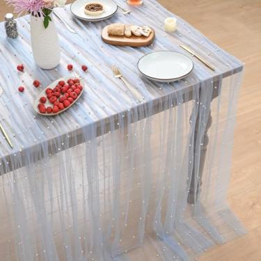 Imagem de Horaldaily Toalha de mesa de gaze azul pérola branca 132 × 178 cm, retangular, primavera verão, tule renda, toalha de mesa de chá de noiva, para decoração de mesa de aniversário de casamento