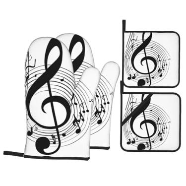 Imagem de Music - Conjunto de luvas de cozinha estampadas com suportes de tampa, luvas de forno resistentes ao calor para manusear panelas quentes, grelhar, churrascos, kit de 4 peças.