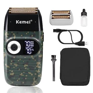Imagem de KEMEI Barbeador de alumínio masculino com barbeador elétrico sem fio para aparar carecas, com tela de LED, cor camuflada