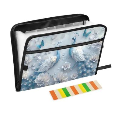 Imagem de Wassud Acordeão de pavão azul e branco organizador de arquivos de papel A4 pastas de arquivo de documentos com etiquetas pasta de arquivo expansível 13 bolsos
