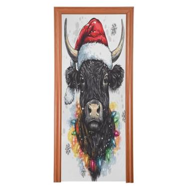 Imagem de Wassud Capa de porta de Natal decoração de banner 81 x 199 cm grande Natal vaca highland elástica exterior interior capa de porta para varanda porta da frente