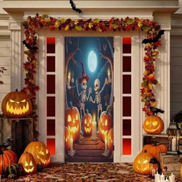Imagem de Wassud Capa de porta de Dia das Bruxas 81 x 199 cm Grande Decoração de Halloween Abóboras Sketelons, Faixa elástica para porta interna externa para varanda porta da frente