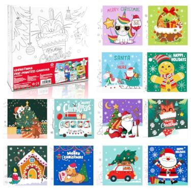 Imagem de conda Tela pré-impressa para pintura, 12 peças de 15 x 15 cm, quadros de tela pré-desenhados com imagens de Natal para pintar, conjunto de painéis de tela temáticos para estudantes iniciantes,