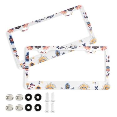 Imagem de CEBUGI Pacote com 2 molduras de placa de carro de alumínio capas de moldura de placa de carro com 2 furos Boho floral acessórios automotivos para placas dianteiras e traseiras orifício elíptico