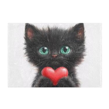 Imagem de Burbuja Tapete de banho com coração de gato preto Valentine, tapete absorvente extra macio com suporte antiderrapante para banheiro, banheira, chuveiro, 41 x 61 cm