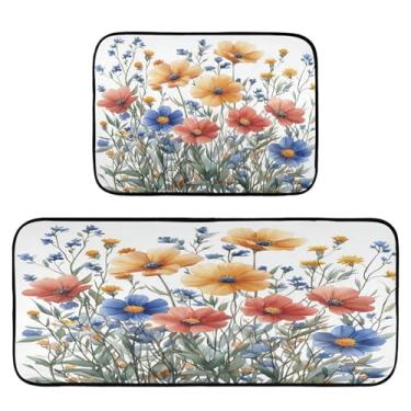 Imagem de Qilmy Tapetes de cozinha de flores silvestres aquarela 2 peças, tapete de entrada frontal, antiderrapante, alivia a fadiga, lavável, tapete para cozinha, quarto, varanda226