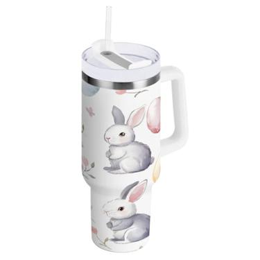 Imagem de STAYTOP Copo de ovos de Páscoa e coelhos fofos de 1,134 g com tampa e palha, copo isolado de aço inoxidável durável à prova de vazamento com alça, garrafas de água à prova de derramamento para viagens