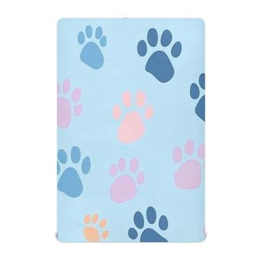 Imagem de CEBUGI Lençol de berço elástico para bebês meninos e meninas, com estampa de pata de cachorro, portátil, pacote N Play, lençol com elástico para crianças, material neutro, ultra macio, colchão