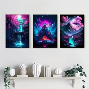 Imagem de 3 peças neon fantasia templo cachoeiras 20 x 30 cm arte de parede presente para casa moderna, escritório, sala de estar, decoração de quarto, pôster de tela sem moldura presente de arte de parede