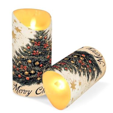 Imagem de Blueangle Pacote com 2 velas vintage de árvore de Natal sem chamas com controle remoto e temporizador, velas LED cintilantes (7,6 cm x 9,9 cm) para decoração de casa, casamento, acampamento (971)