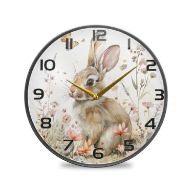 Imagem de YETTASBIN Relógio de parede acrílico fofo coelhinho – Silencioso, sem tique-taque, operado por bateria, relógio redondo decorativo criativo para cozinha, sala de estar, banheiro, decoração de