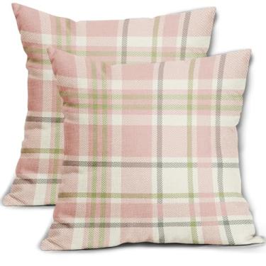 Imagem de Aytipun Capas de almofada xadrez de Páscoa, 45,7 x 45,7 cm, conjunto de 2 capas de almofada rosa claro e verde e cinza búfalo primavera férias tartã decorativas ao ar livre casa de fazenda para sofá