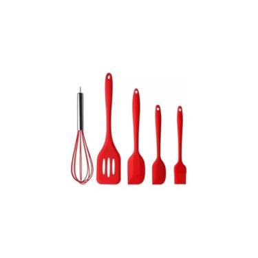 Imagem de Kit Utensílios de Cozinha de Silicone, 5 Peças, Resistente ao Calor, Antiaderente, Vermelho e Preto Sortido, Inclui Pincel, Batedor, Espátulas