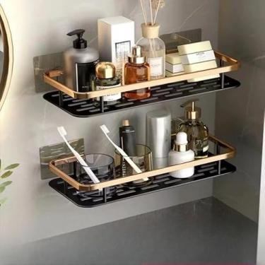 Imagem de Prateleira para banheiro sem furos — Rack de armazenamento para banheiro, fixado com adesivo de alta resistência, à prova d'água e à prova de ferrugem. (kit 2 retangular preto dourado)