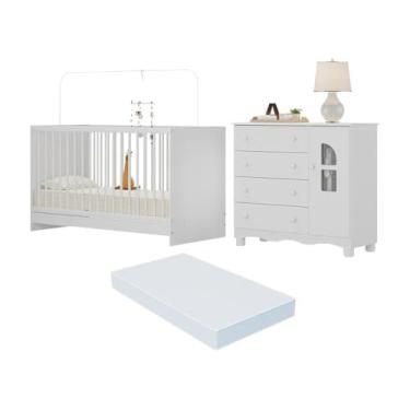 Imagem de Berço 3 em 1 com Colchão Incluso e Cômoda 1 Porta 4 Gavetas Aurora Multimóveis Mp4770 Branco