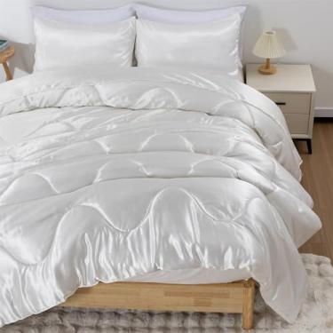 Imagem de Um lindo conjunto de edredom de cama de cetim acetinado sedoso macio e sexy de luxo super macio de microfibra total/Queen, leve, Branco, Queen(88-by-88-inches)